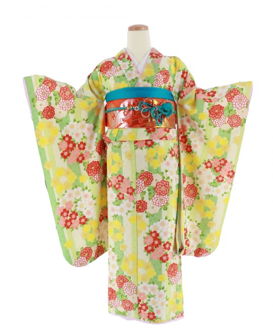 十三参り用の女の子着物[ブランド・ポンポネット]黄緑ストライプに花 